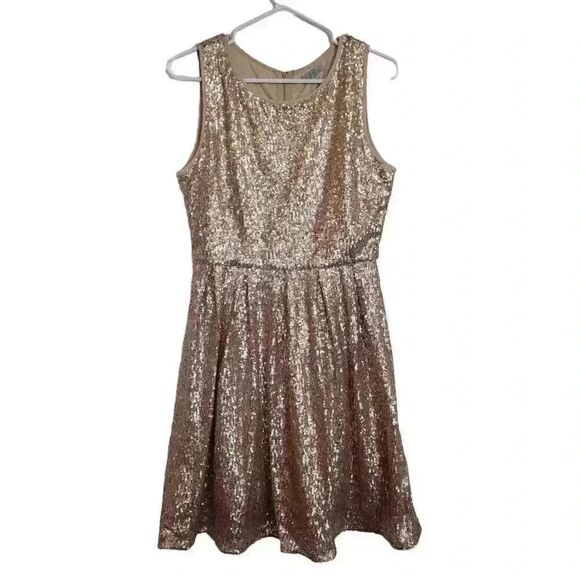 Issi Women's Gold Sequin Poly Lined Sleeveless A-Line Dress - Picture 2 of 11